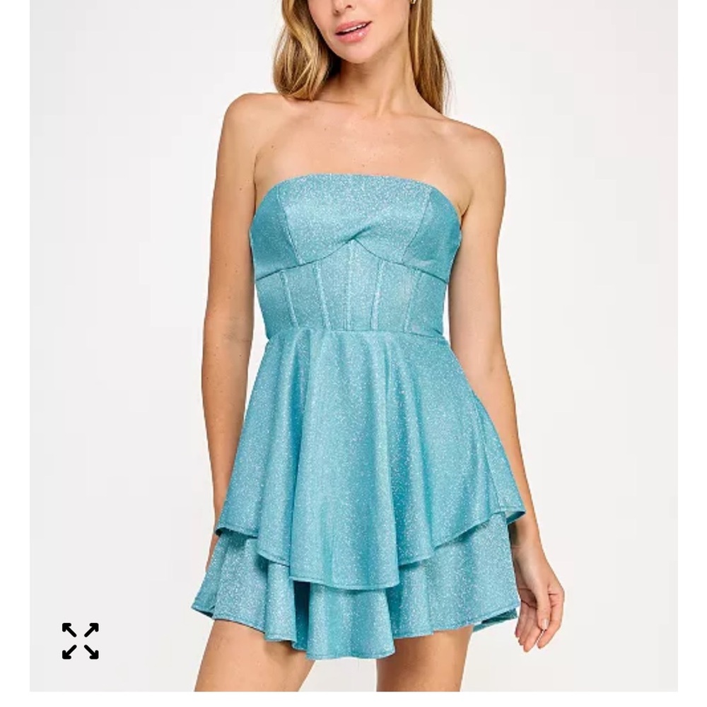 B Darlin Shimmering Aqua Strapless Mini Dress